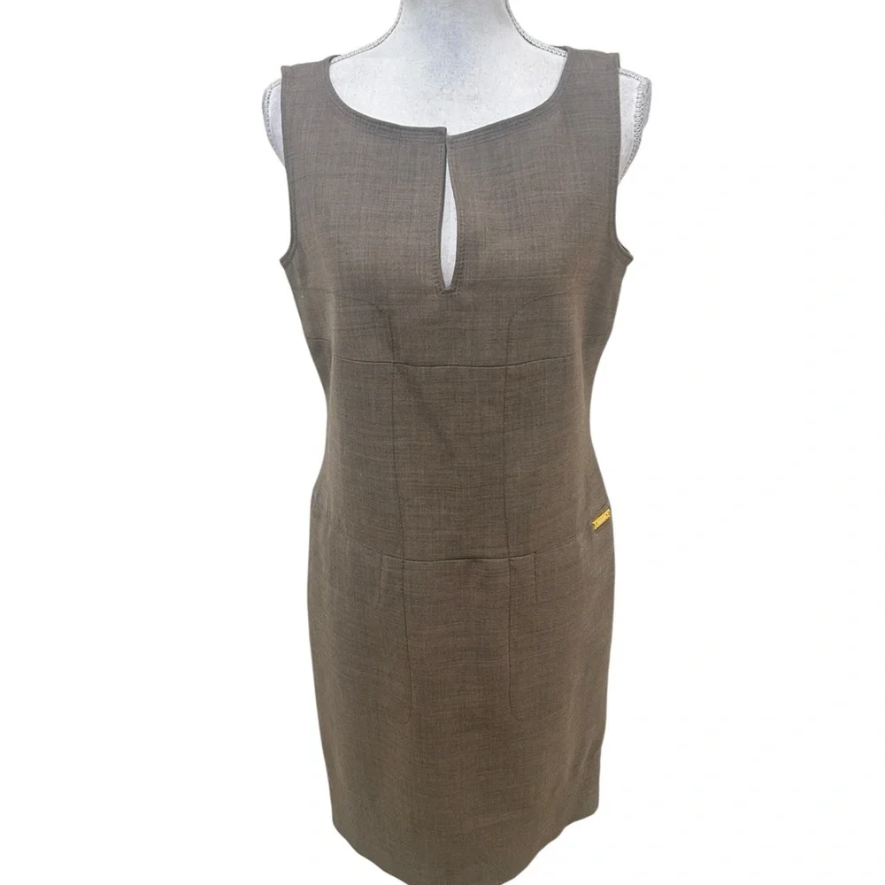 Tory Burch ola taupe Sleeveless shift Midi Dress wool blend gold logo accent 10
